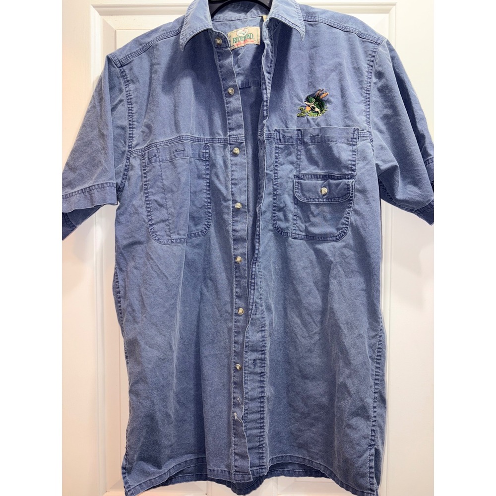 RedHead Mens Blue Cotton Short Sleeve Fishing Shirt Bass Fish Embroidered Size M
